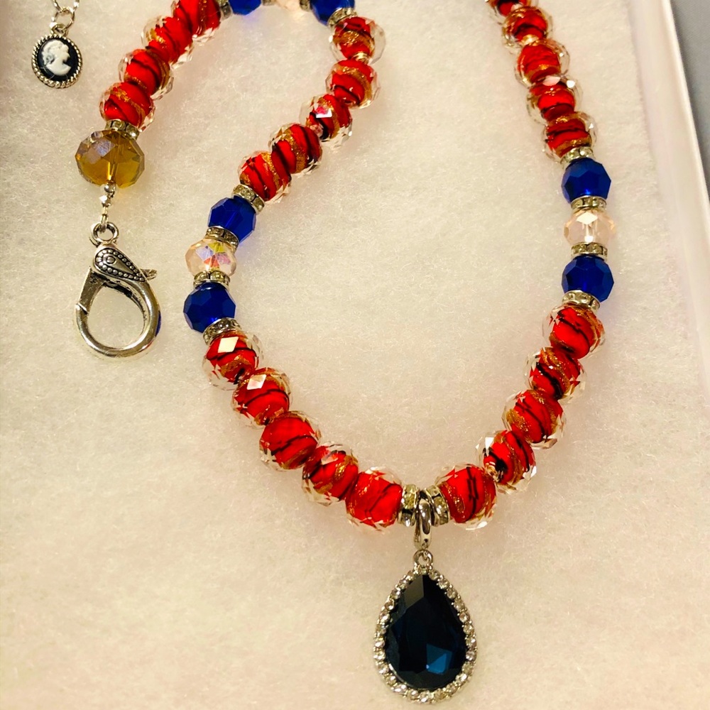 COPY - RENEE Necklace Handmade Stunning Red & Blue Artisan Glass w Glittering P…
